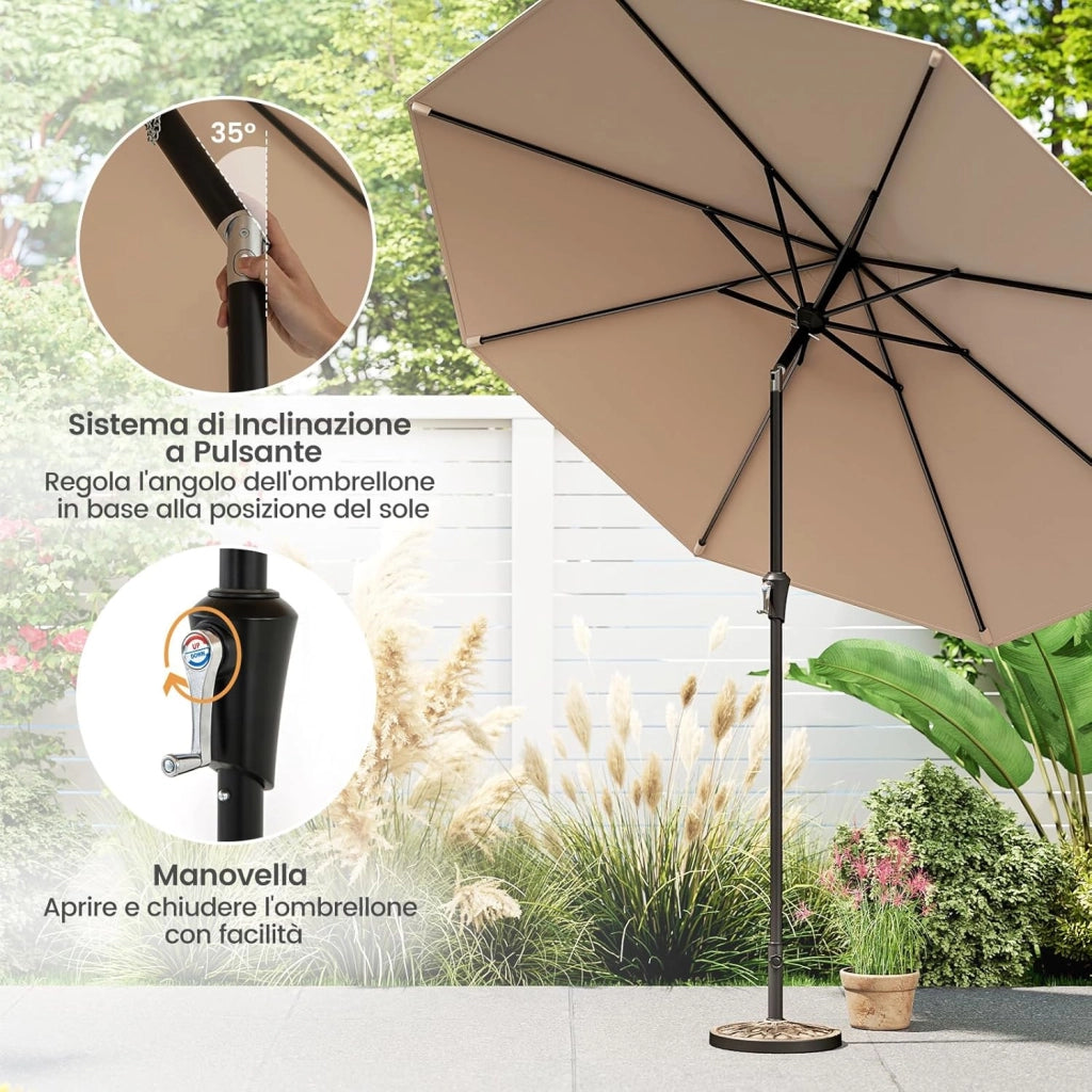 Ombrellone da Giardino 270 cm, Ombrellone da Esterno con Inclinazione Regolabile, Manovella, 8 Stecche, Tettuccio Ventilato, per Spiaggia, Bordo Piscina (Marrone, 270 cm 8 Stecche)