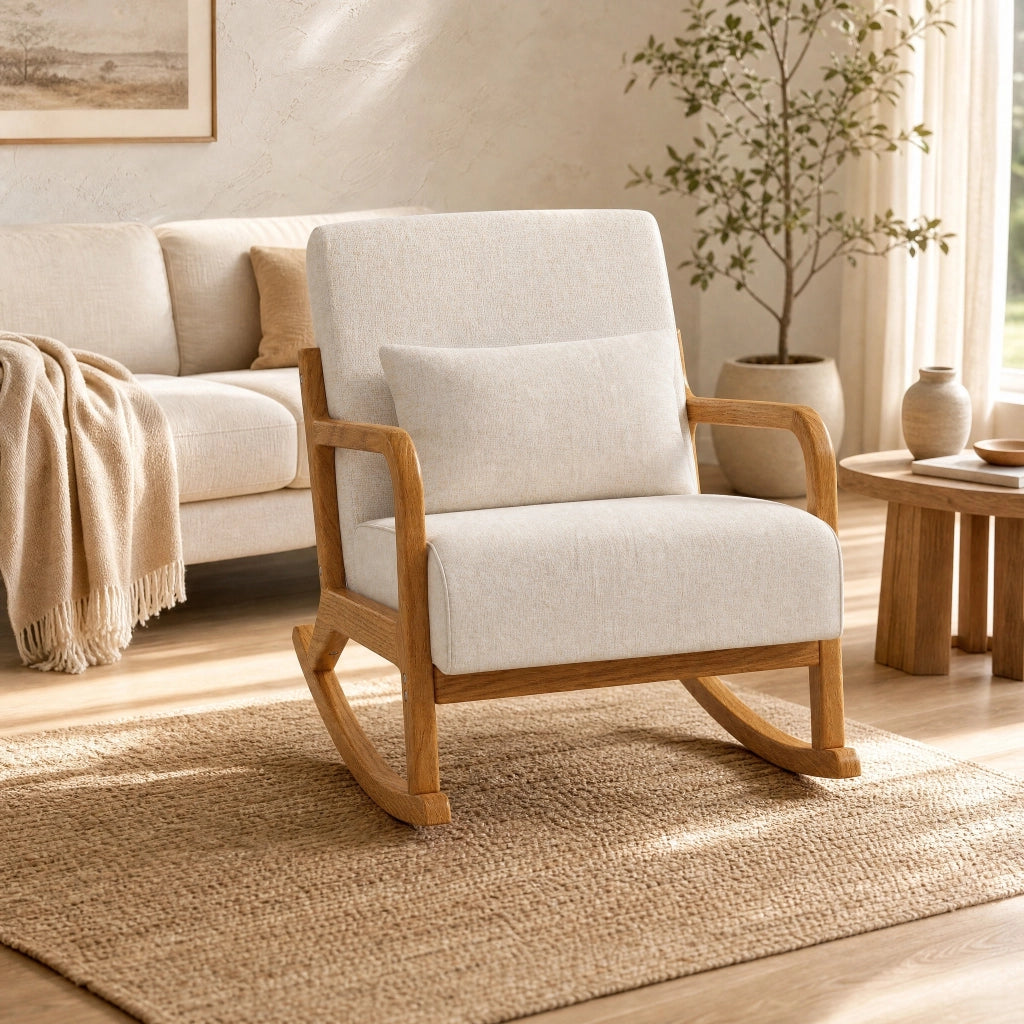 Poltrona a dondolo 64.5x92x81.5 cm con supporto lombare rimovibile in legno bianco crema