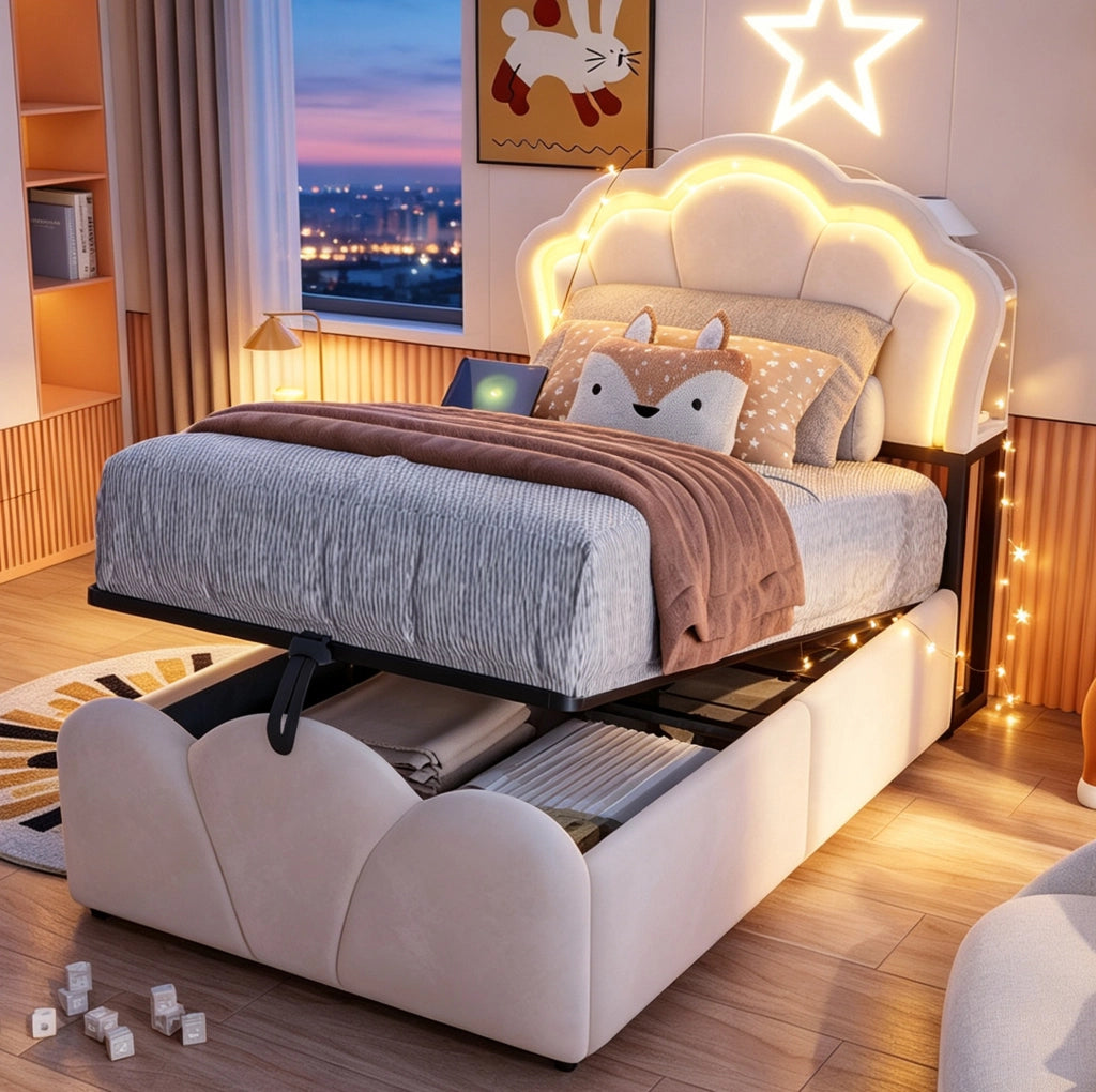 Letto imbottito 90x200 cm in velluto beige con contenitore idraulico; LED e prese integrate