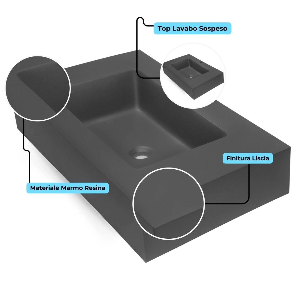 Top lavabo sospeso in materiale marmo resina finitura liscia due colorazioni *** misure 60x46x15 cm, tinta antracite,...