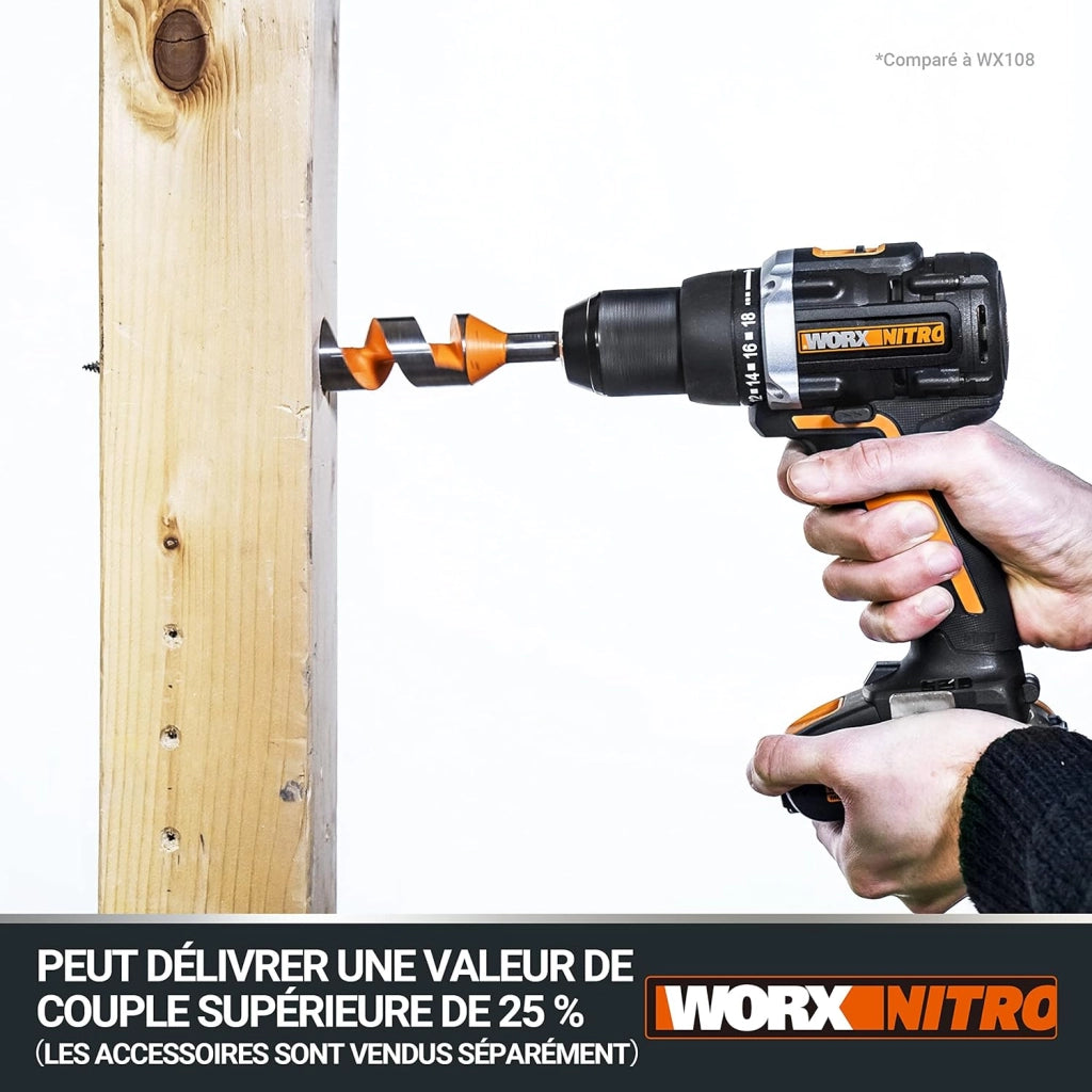 NITRO WX102.9 - Trapano Avvitatore a Batteria 20V, Senza Spazzole, 60 Nm, Trasmissione a 2 Marce, Luce LED, per Foratura e Viti, Senza Caricatore