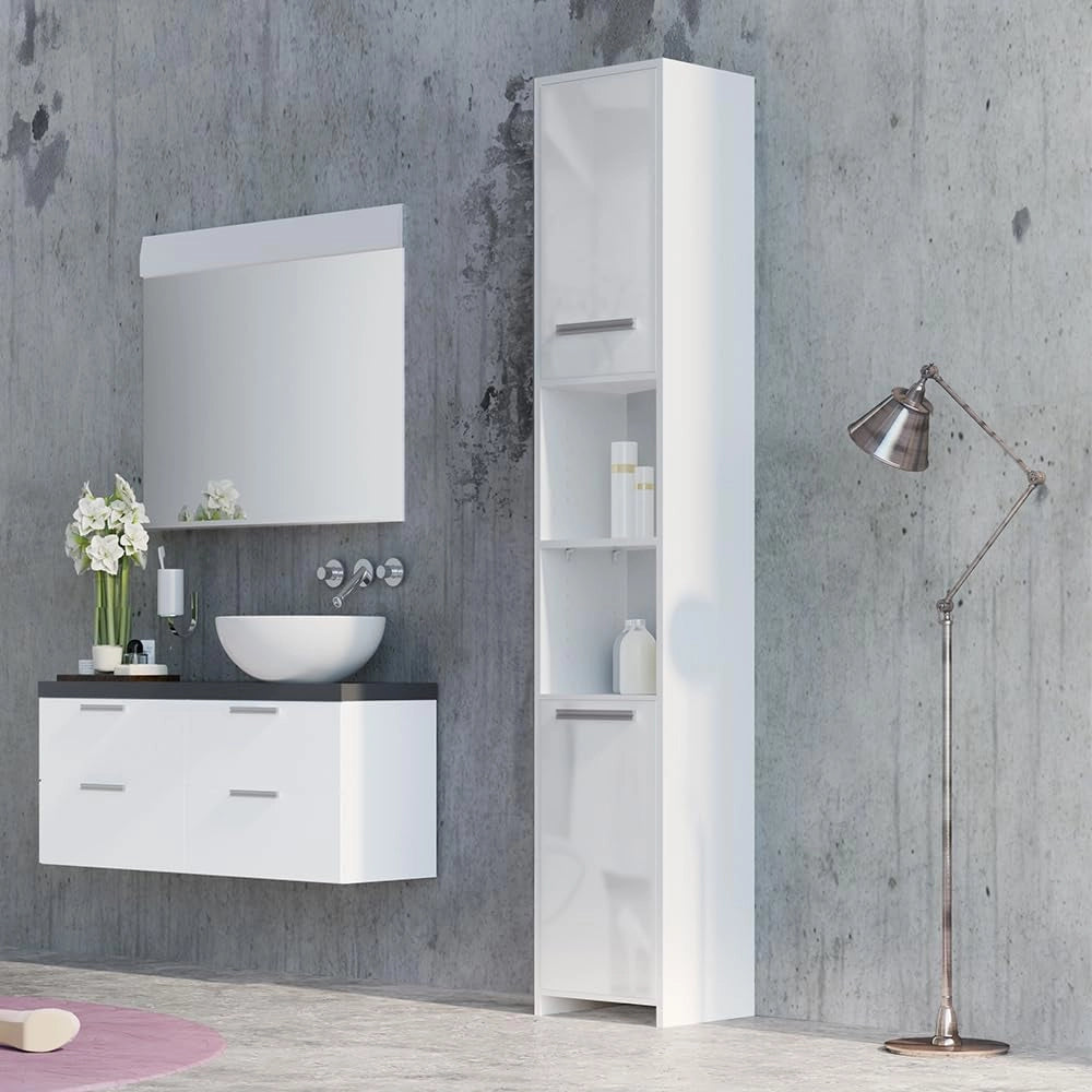 Mobile bagno alto, Bianco lucido/bianco, 30 x 190 cm, per la conservazione di accessori da bagno e compatibile con Kiko