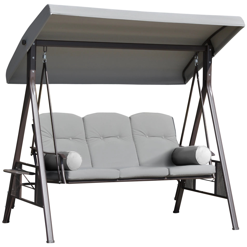 Dondolo da Giardino 3 Posti 208x121x172 cm con Tetto Regolabile Portabicchieri e Cuscini in Metallo e Tessuto Grigio
