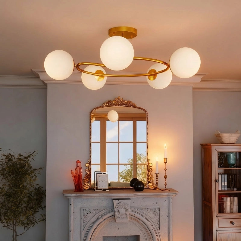 Plafoniera da 20W con 5 portalampade G9, elegante design oro e bianco, lampadine non incluse.