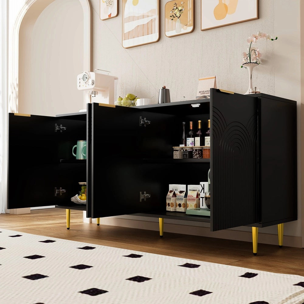 Credenza Soggiorno 4 Ante ¨C MINIMAL ¨C Nero Lucido, Gambe in Metallo Dorate, 160x80x40 cm