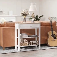 Tavolo Consolle Bianco e Color Legno con Cassetto e 2 Ripiani, Tavolino Salvaspazio in MDF, 75.6 x 27.5 x 80.5cm