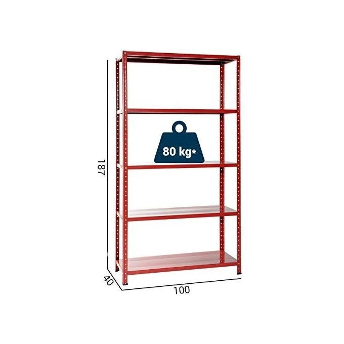 Grima Scaffale In Metallo a Bulloni 5 Ripiani Portata 80kg a ripiano 100x40x185 Rosso