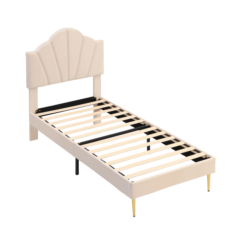 Letto imbottito in velluto beige 90x200 cm con testiera regolabile, rete a doghe in legno e metallo, panca contenitore