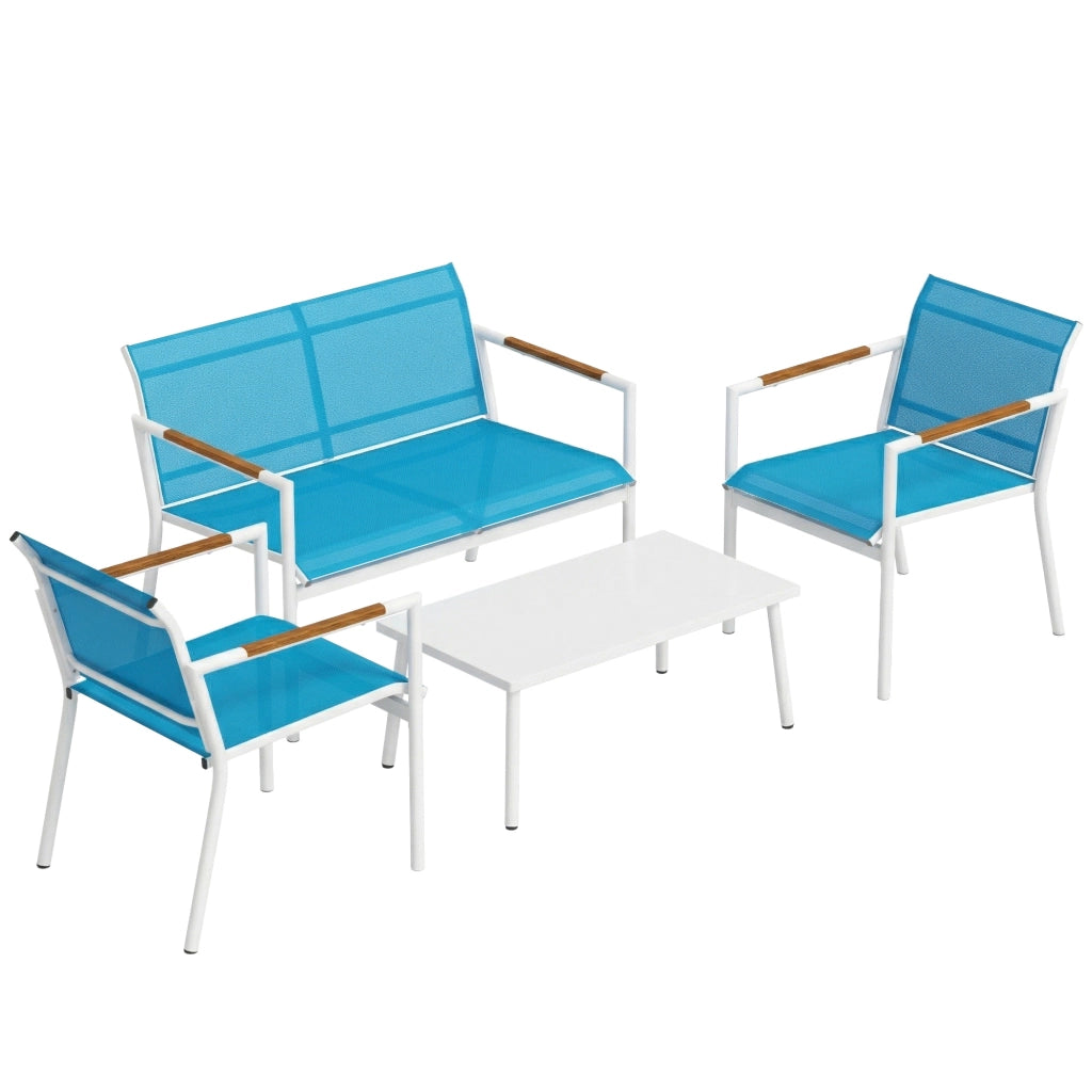 Set Giardino 4 Posti Divano, Poltrone, Tavolo in Metallo, Blu.