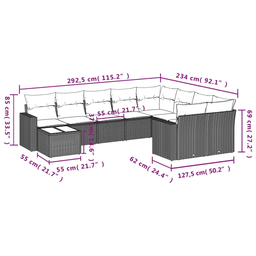 Set Divano Giardino 10 pz con Cuscini Grigio Chiaro Polyrattan