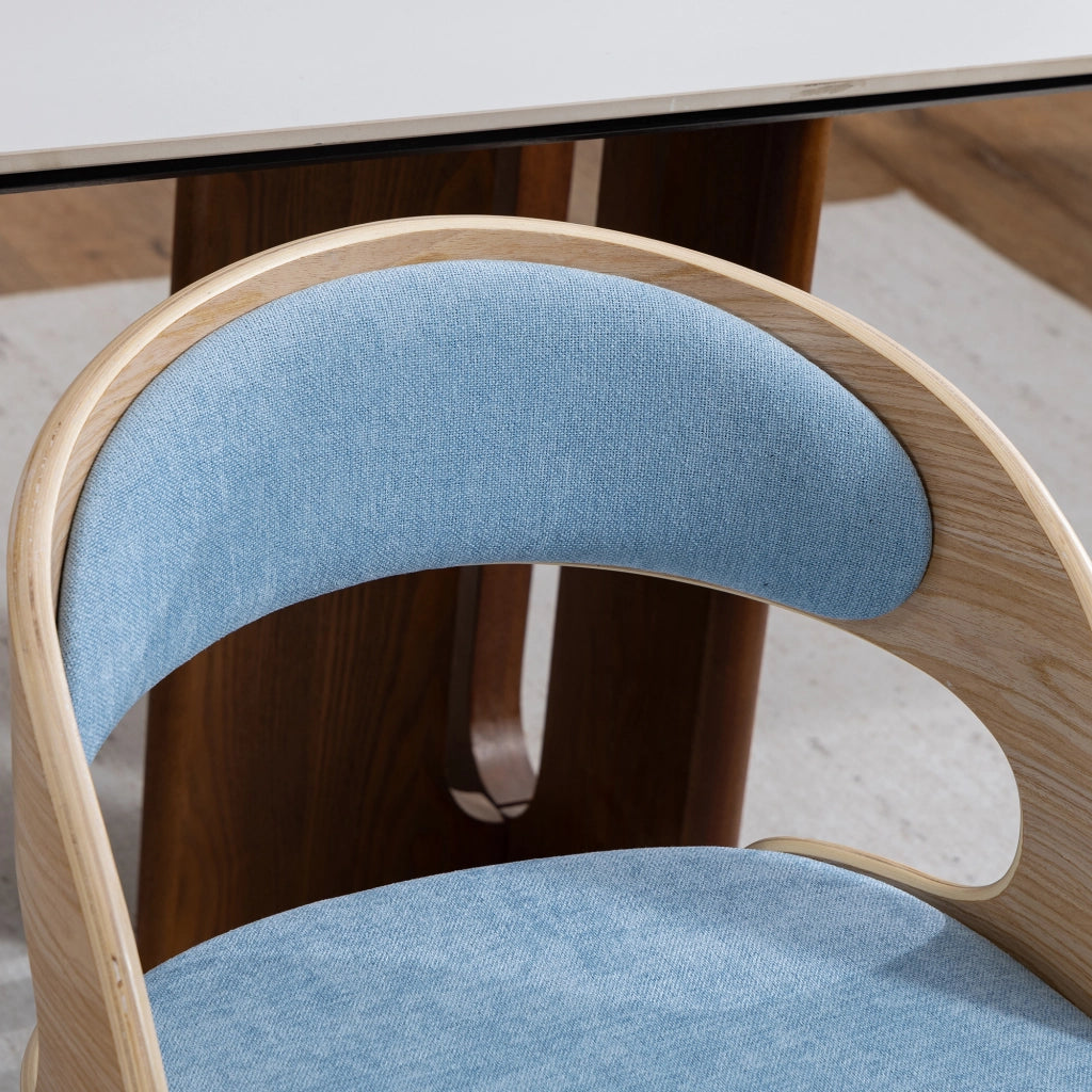 Sedia da pranzo girevole 360°, con cuscino imbottito, gambe in faggio, in lino blu