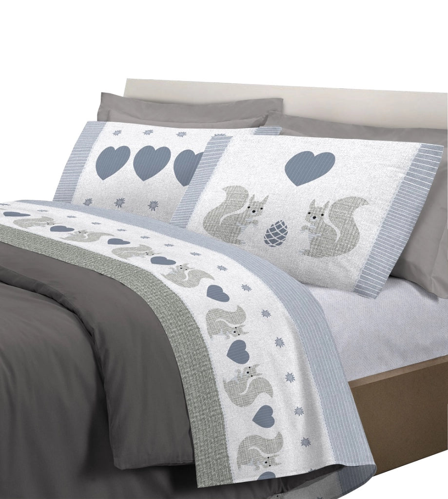 Completo letto lenzuola, parure, fantasia scoiattoli 100% cotone, made in italy Piazza e mezza - Grigio