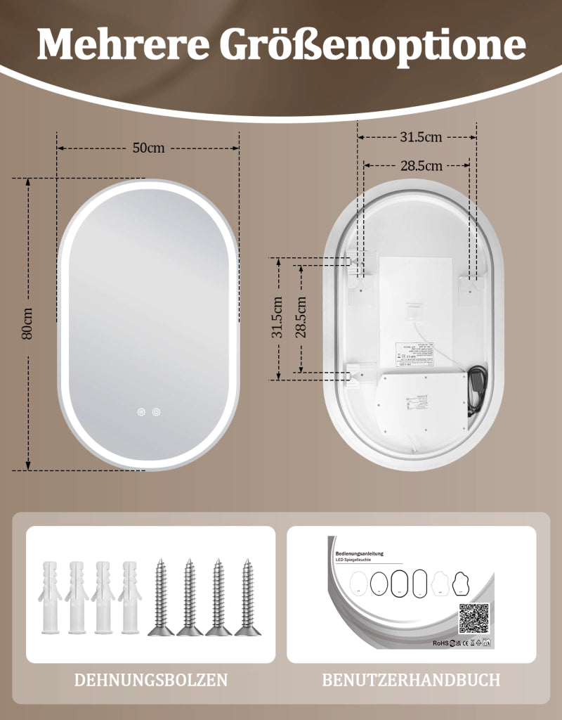 ZMH Specchio da bagno ovale con luce LED 50x80 cm parete touch antiappannamento IP44 dimmerabile 3000K-6500K