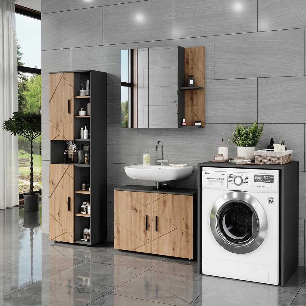 Mobiletto per lavatrice Irma, Antracite, 68 x 88.5 cm, per la conservazione di detersivi e accessori da bagno
