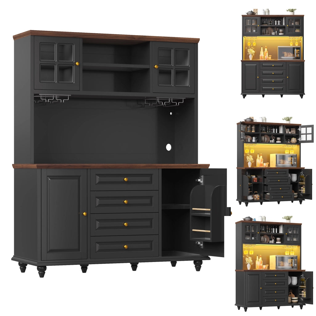 Credenza alta con 4 cassetti e LED RGB - per cucina - nera - 140x40x179.5 cm