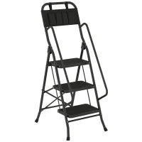 Scala Pieghevole a 3 Gradini con Borsa Porta Attrezzi, Gradini Larghi Antiscivolo, Nero
