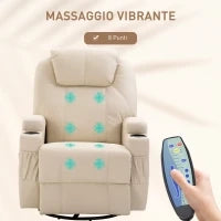 Poltrona Relax Elettrica Reclinabile Girevole con 2 Portabicchieri, Telecomando, Poggiapiedi e 4 Tasche Laterali, in Pelle PU, Legno e Acciaio, Crema