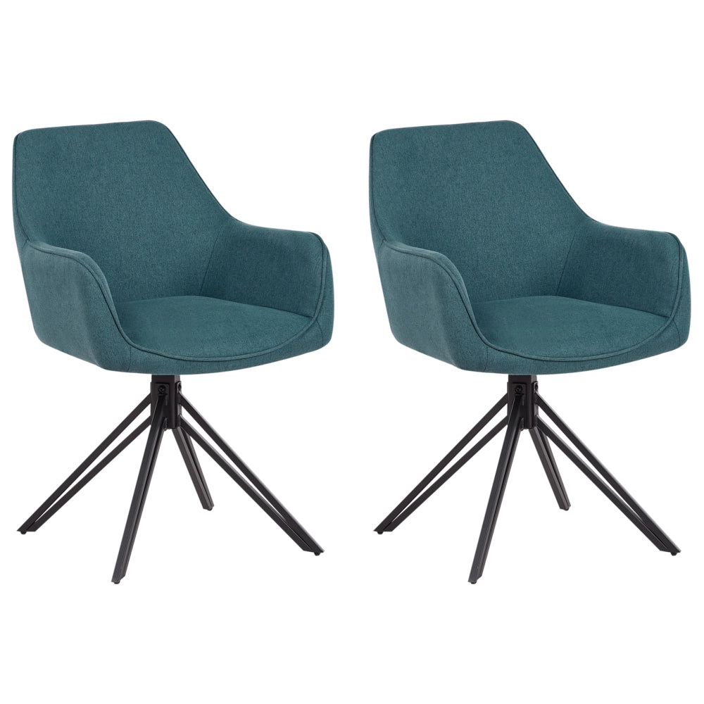 Set di 2 sedie da pranzo girevoli in tessuto blu foglia di tè con braccioli e schienale in metallo nero con gambe in stile retrò
