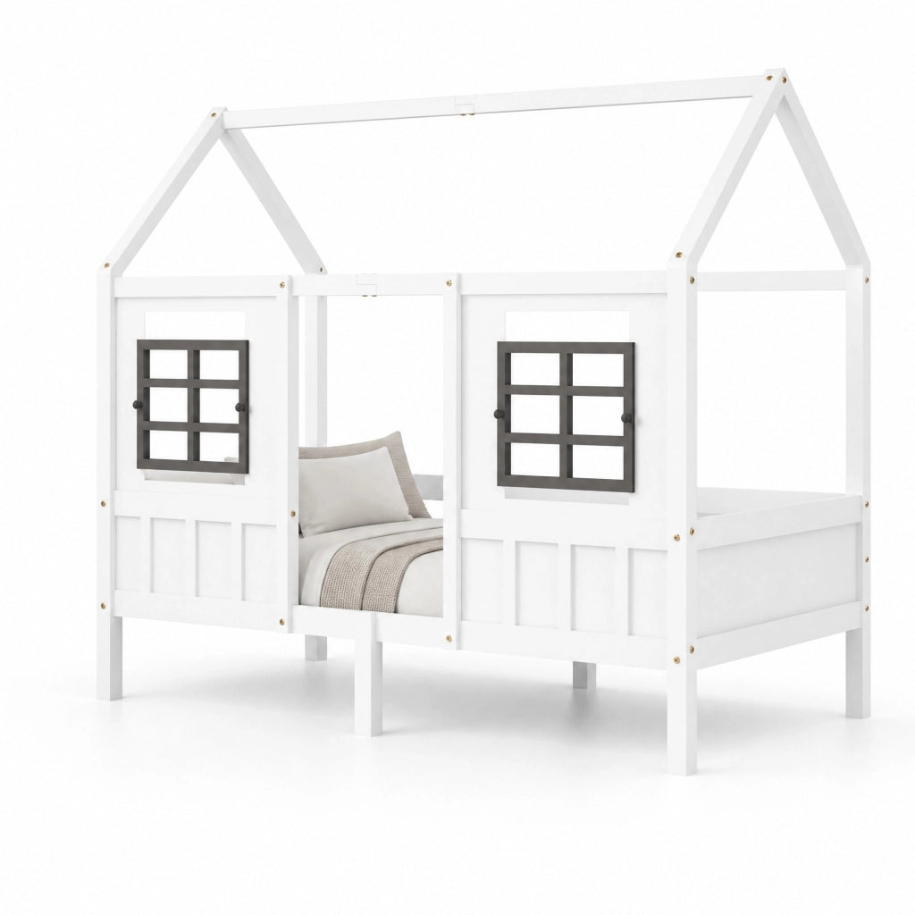 Letto casa con due cassetti e finestre, bianco
