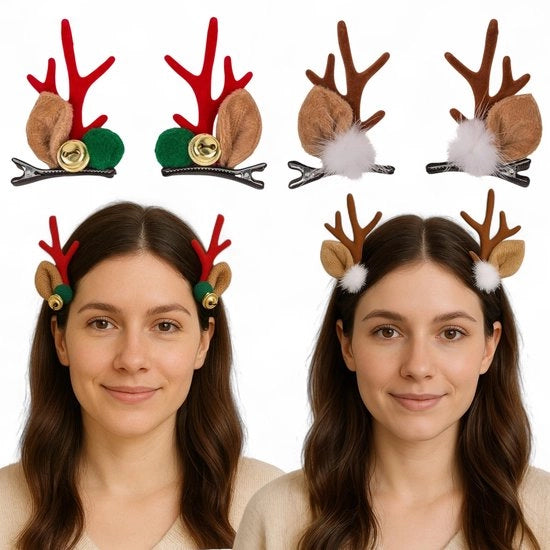 Set di 2 Paia di Accessori Capelli Festivi - Aspetto di Renne - Dettagli in Piuma - Borchie Luccicanti