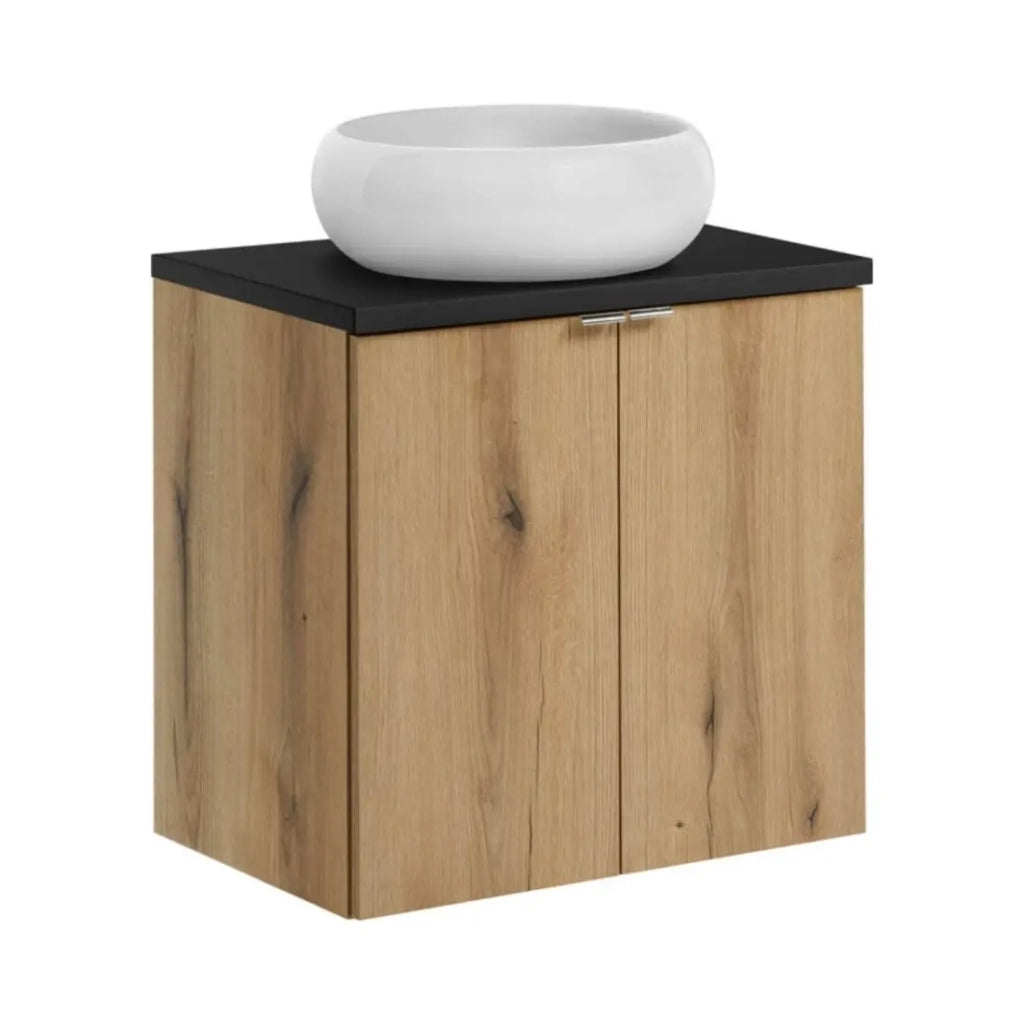 Set VANO finitura rovere e nero 60cm: mobile sottolavabo con armadietti + piano per lavabo + lavabo da appoggio rotondo bianco