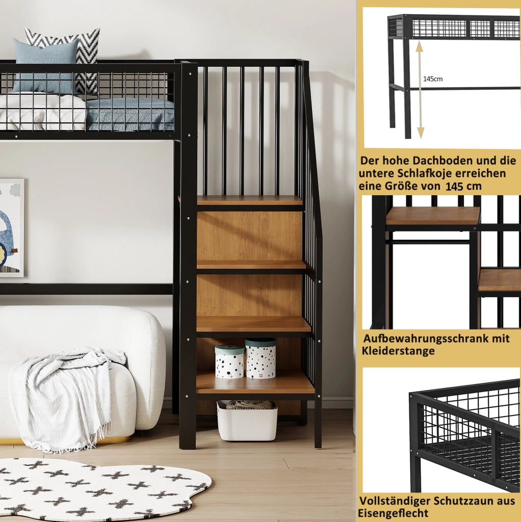 Letto a soppalco 90x200 cm con scala di sicurezza e armadio in metallo nero
