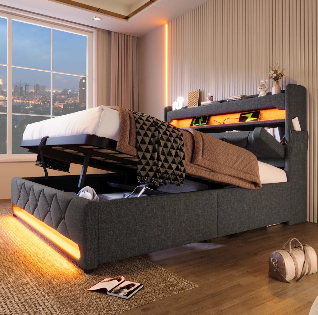 Letto matrimoniale 140x190 cm con contenitore; testiera con USB e Type-C; LED; grigio in lino