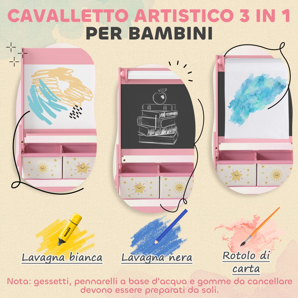 Lavagna per Bambini con Cavalletto e Rotolo di Carta ¨C zephmum ¨C Legno, Rosa, 54x46x94 cm