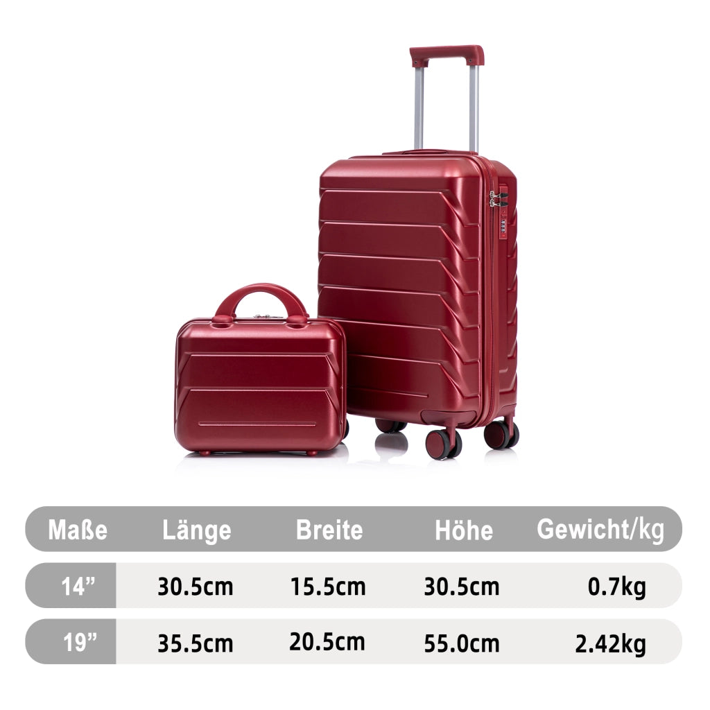 Set di due valigie girevoli in ABS da 14"/19" con lucchetto a combinazione e trousse da 14" (bordeaux)