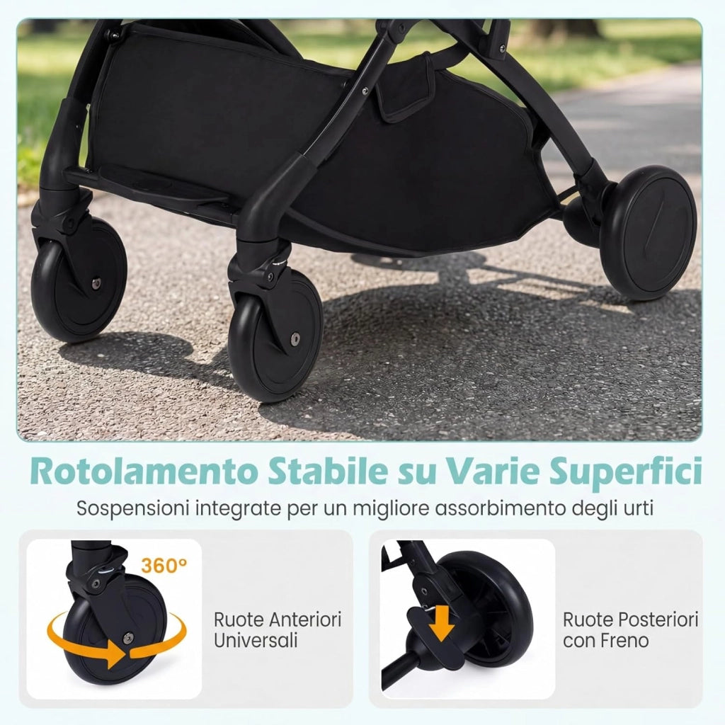Passeggino Leggero per Neonati con Tettuccio, Schienale e Poggiapiedi Reclinabili, Passeggino Pieghevole con Portabicchieri, Cestello Portaoggetti, per Bambini 0-3 Anni (Grigio)