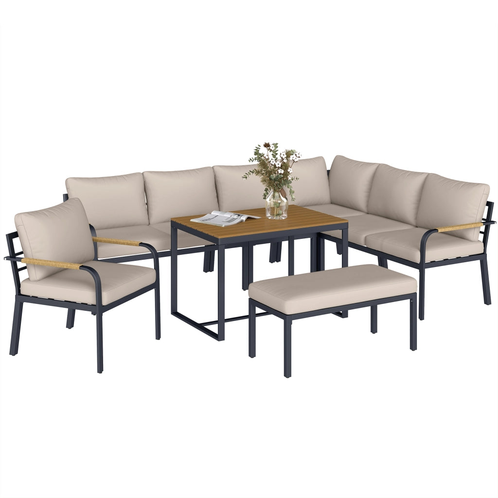 Set Giardino 7 Pezzi Divano Angolare Esterno con Tavolo e Pouf ¨C zephmum ¨C Beige e Grigio