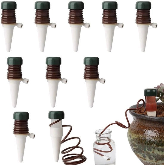Sistema di irrigazione automatico per piante - Dispensatore di acqua per 10 pezzi - Sistema di gocciolamento - Sistema di irrigazione - Piante da appartamento - Piante da giardino - Materiale in plastica/ceramica