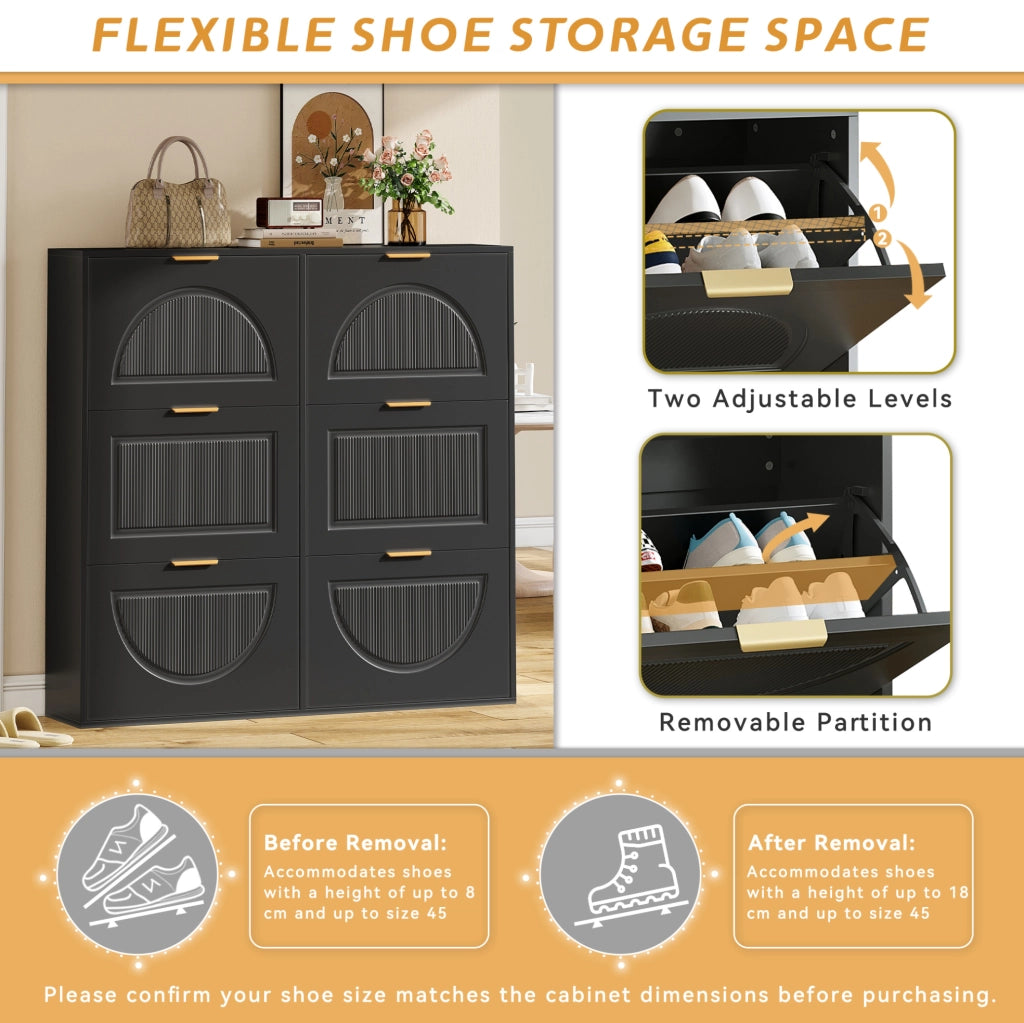 Armadio portascarpe con 6 ribalte; design curvo; 118x25x115 cm; MDF nero