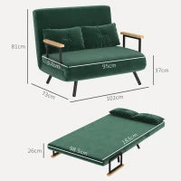 Divano Letto 3 in 1 in Tessuto Effetto Velluto con Schienale Regolabile e 2 Cuscini, 102x73x81 cm, Verde
