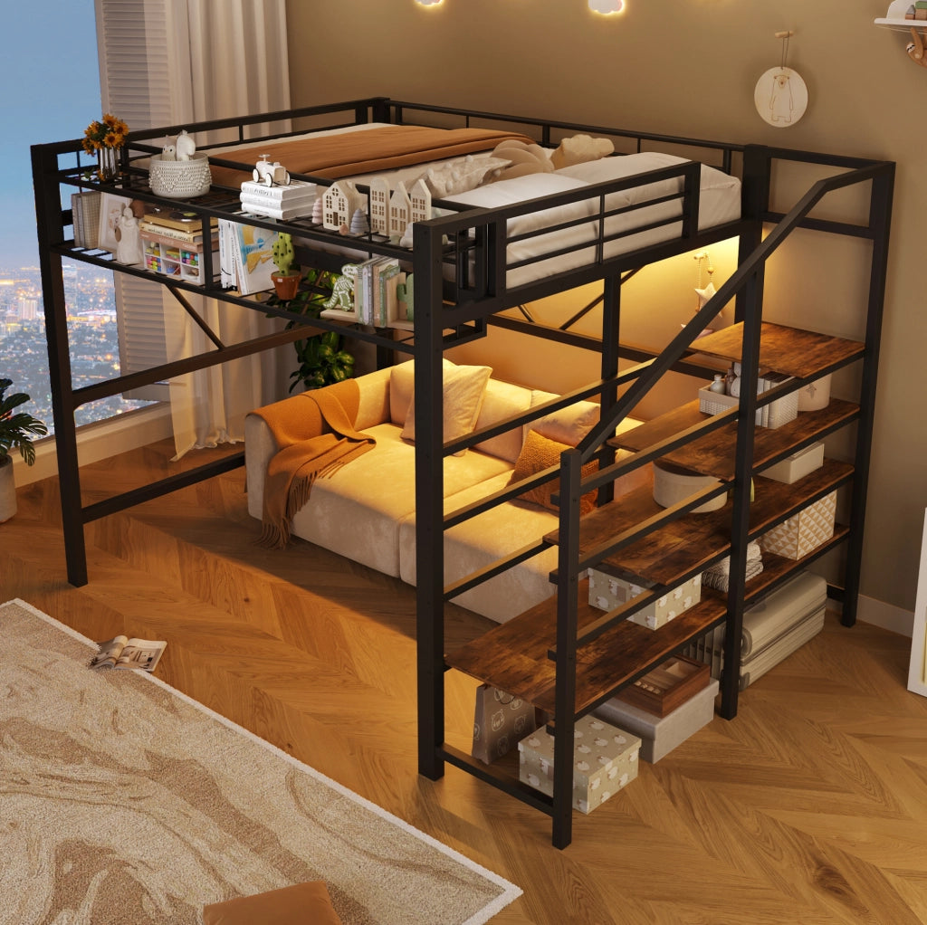 Letto a soppalco 140x200 cm con scaffale a gradini; vano portaoggetti e LED; in MDF e metallo nero