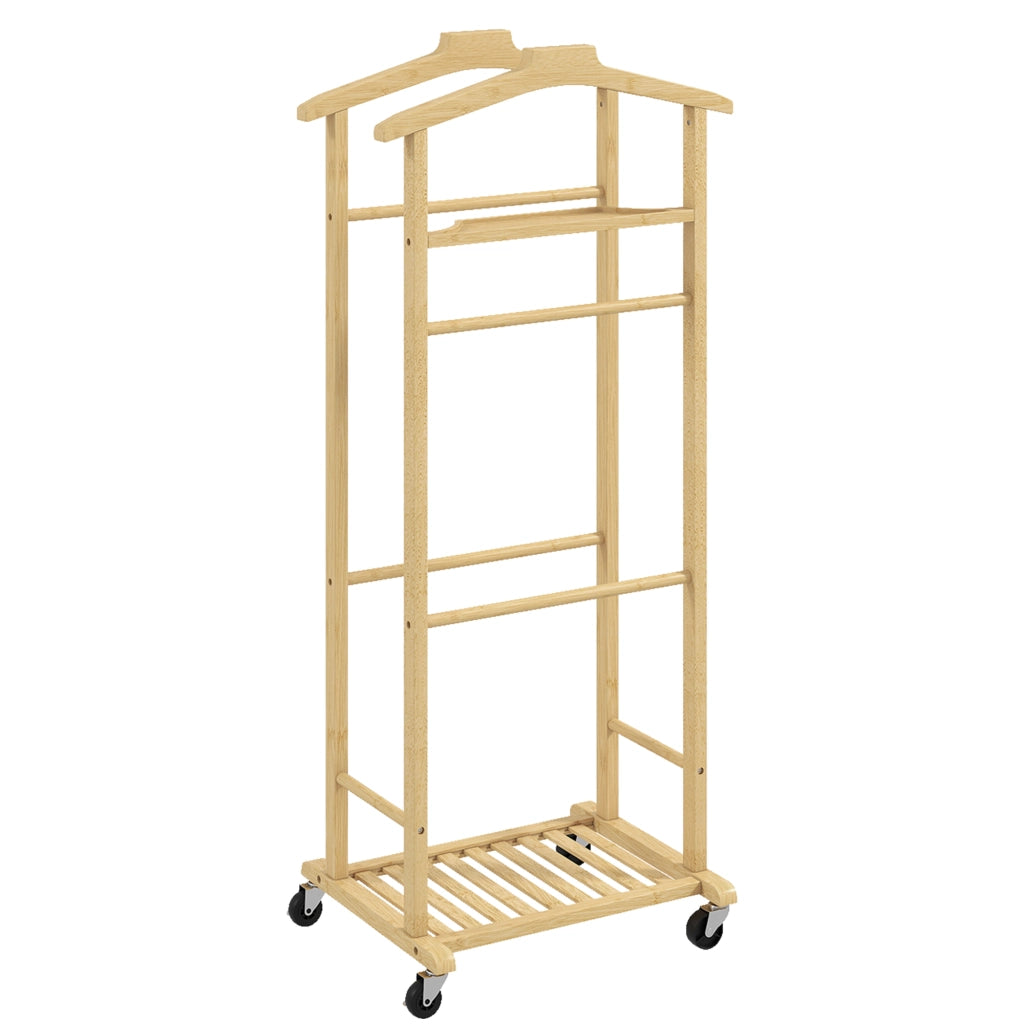 Indossatore Servomuto 4 in 1 a Rotelle 47x33,7x105,5 cm con 2 Aste Vassoio Svuota Tasche e Ripiano per Scarpe in Bambù
