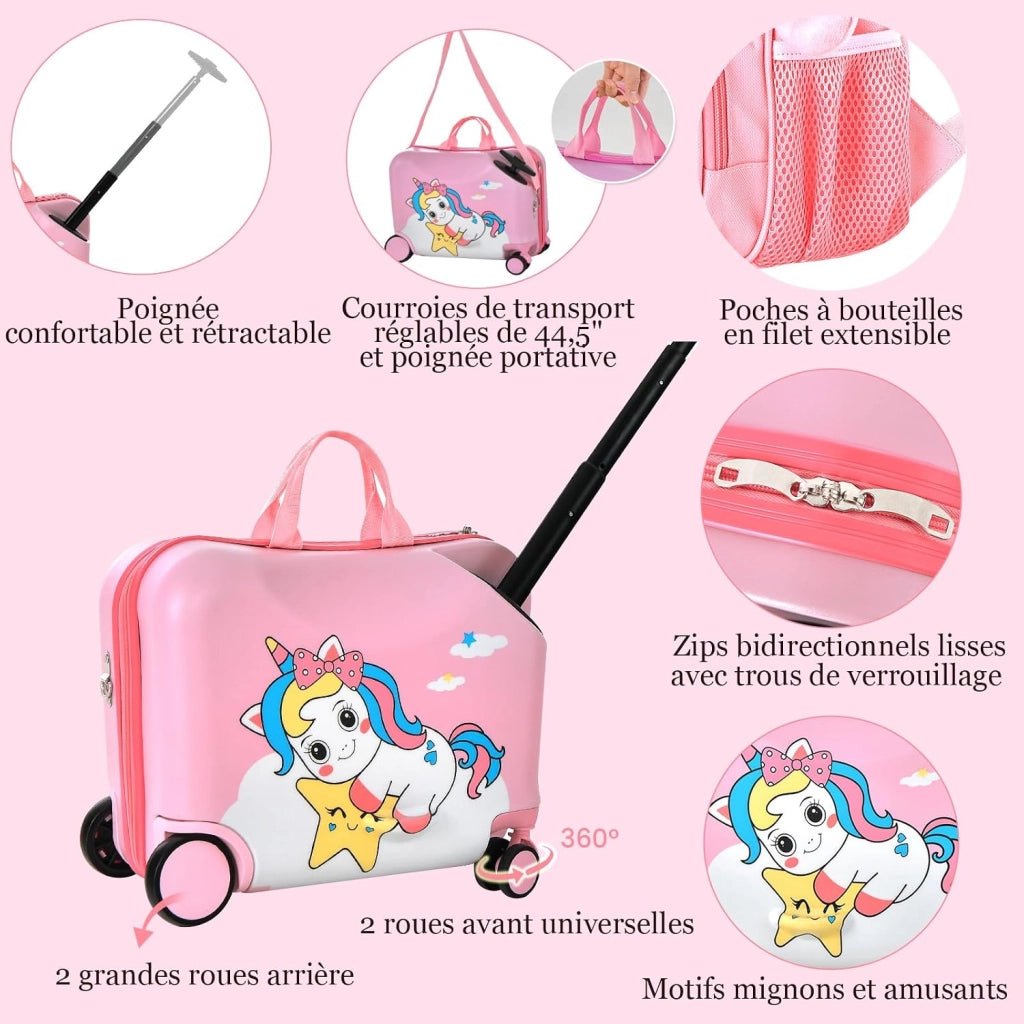 Set di Valigia Cavalcabile 18’’ + Zaino 12’’ per Bambini 2 Pezzi, Bagagli 2-in-1 di con Maniglia Telescopica e 4 Ruote, Trolley Bagaglio a Mano e Zaino per Bambini (Rosa Unicorno-C)
