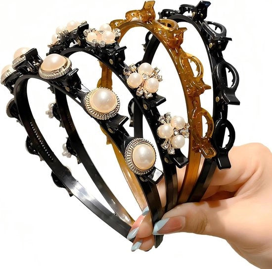 Premiata raccolta di 4 fascette per capelli con chiusura a molla e denti per donne, bambine e ragazze in nero e marrone