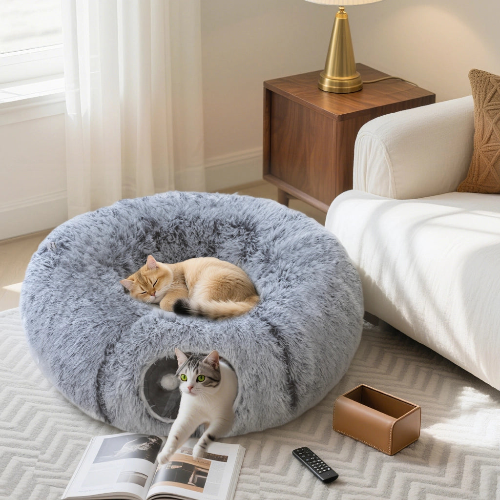 Letto per Gatti a Forma di Ciambella con Cuscino Lavabile ¨C zephmum ¨C Grigio Chiaro 90x80x27 cm