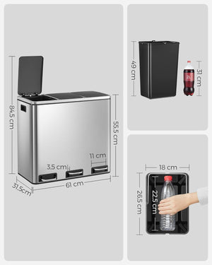 Cestino triplo VALORA per la raccolta differenziata, argento, 54 l LTB54NL