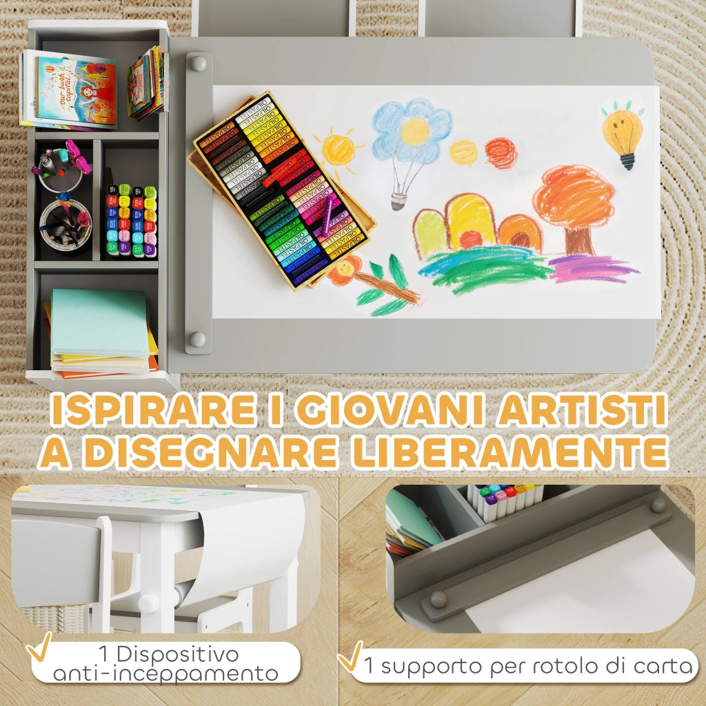 Tavolo da pranzo per bambini con 2 sedie ¨C zephmum ¨C grigio e bianco in legno e tessuto