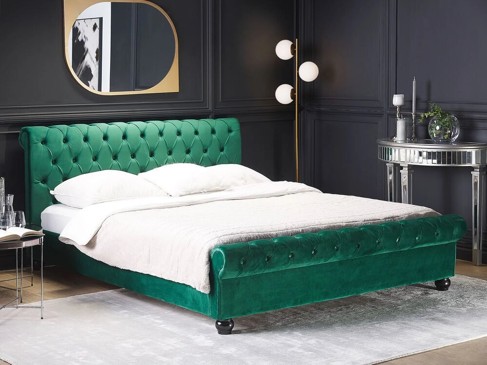 Letto rivestimento in velluto verde Gambe in legno Nero 180 x 200 cm abbottonato Glam