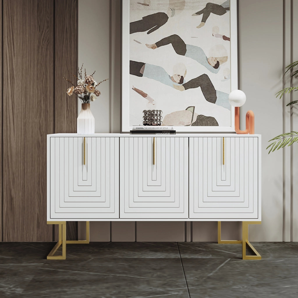 Credenza a 3 ante con ripiani regolabili e base in metallo per soggiorno cucina e sala da pranzo; bianco