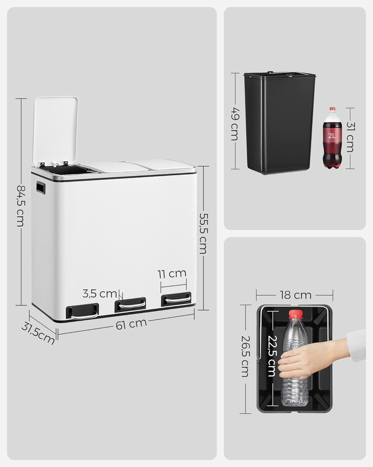 Cestino triplo VALORA per la raccolta differenziata, bianco, 54 l LTB54WT