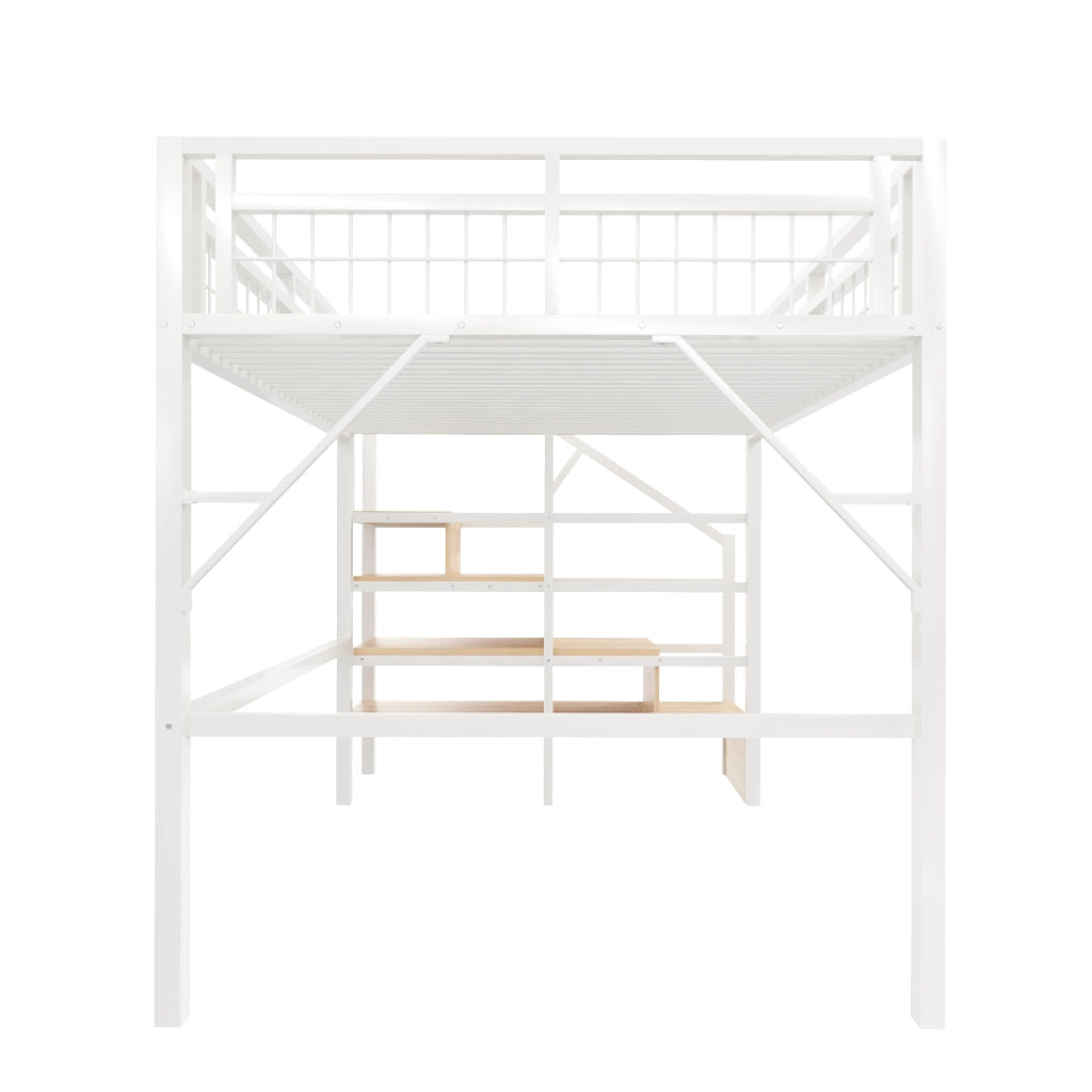 Letto a castello - Zephmum- 140x200 cm - Bianco - Struttura in ferro, LED, scale con contenitore