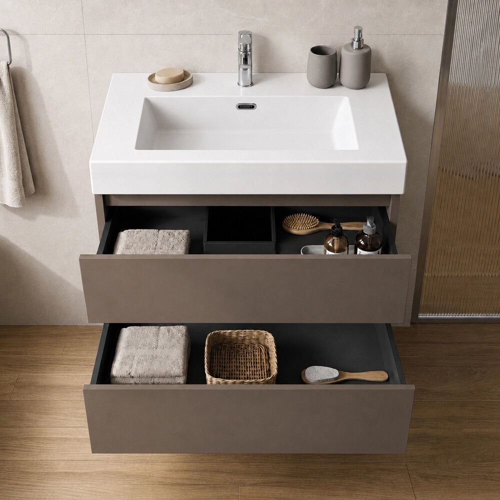 Mobile bagno sospeso 70 cm tortora due cassetti push-pull e lavabo in resina Tierra