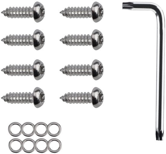Set di viti per targa di immatricolazione 8 pezzi - Antifurto - In acciaio inossidabile - Incluso anello di viti - Chiave a L - Dimensioni 2.2 x 1 cm - Viti di sicurezza