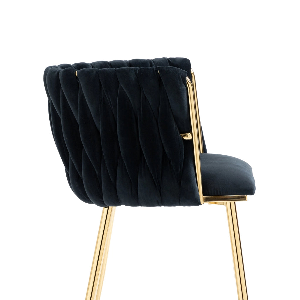 Sedia da pranzo in velluto nero con schienale intrecciato e gambe in metallo; 55;5 x 41 x 74 cm