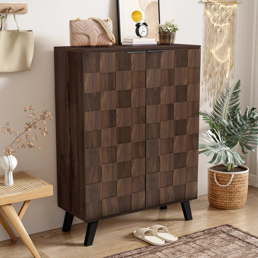 Scarpiera con 2 ante; 5 vani e 4 ripiani regolabili per ingresso in pannello truciolare effetto legno scuro 80×35.5×110 cm