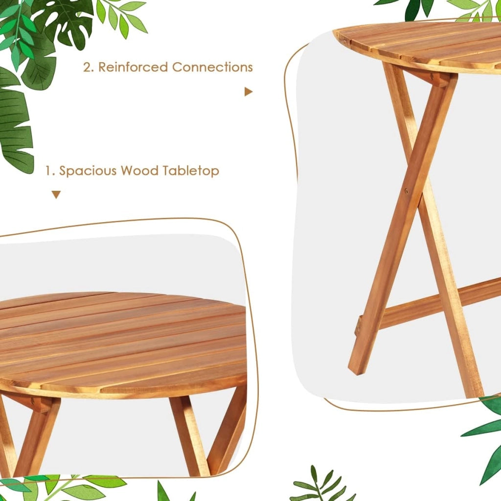 Set di Tavolo e 2 Sedie Pieghevoli in Legno d'Acacia con 2 Cuscini Imbottiti Removibili, Per Esterno, Patio, Giardino e Balcone (Rosso)